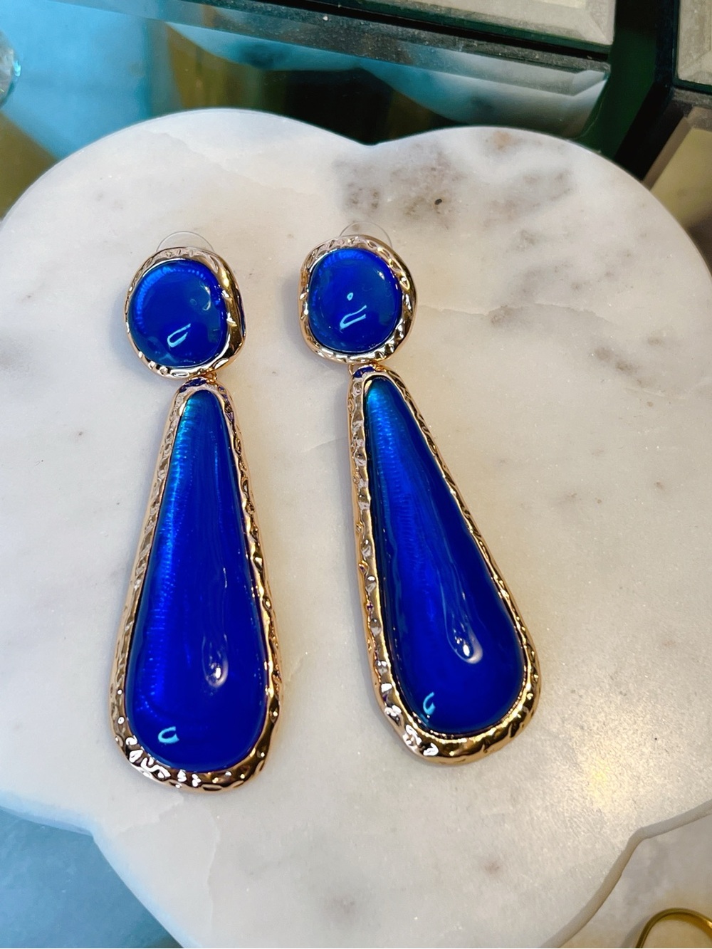 Cobalt blue translucent lucite drop 3” earrings
